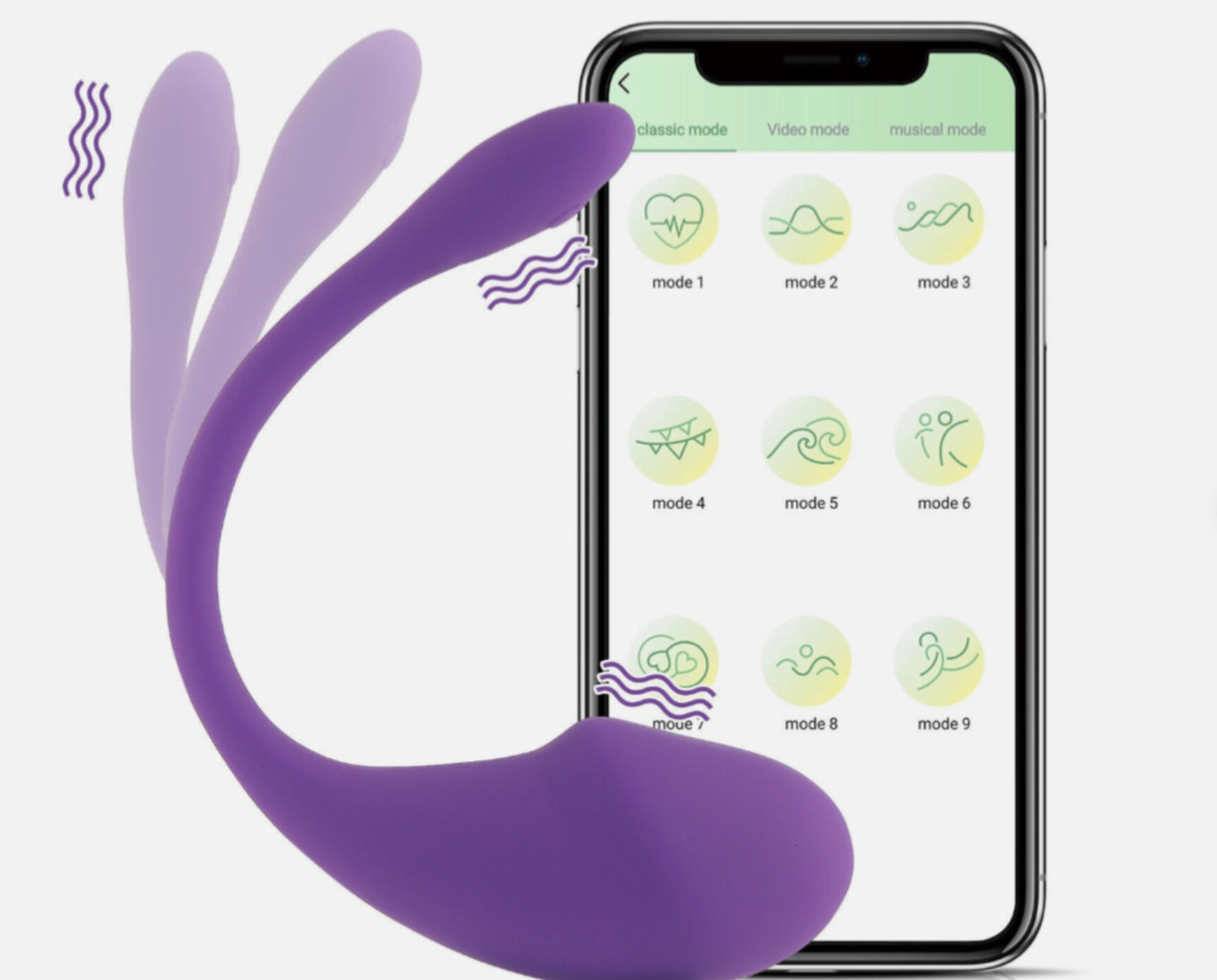 Purple device with a smartphone displaying mode selection interface on a white background