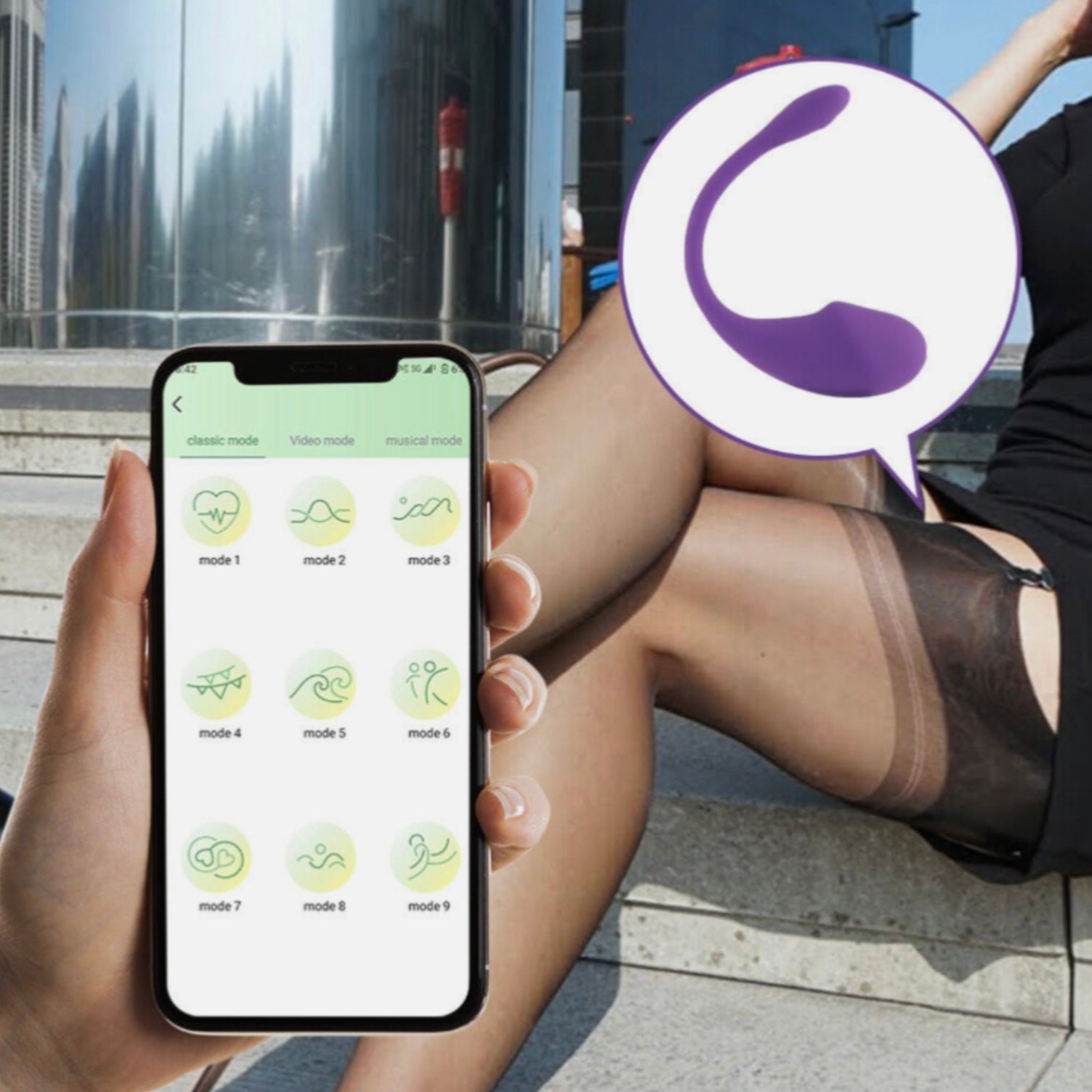 Person using a smartphone app with a blurred logo in the foreground, sitting outdoors.