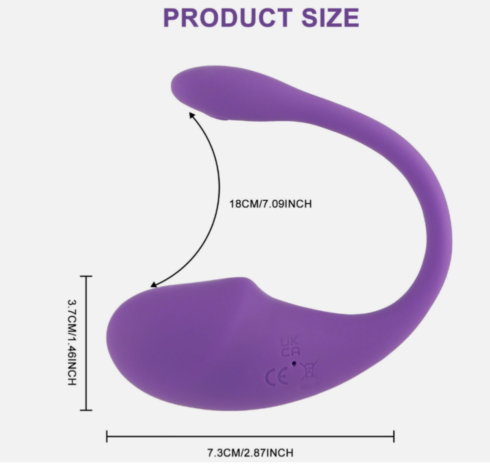 Purple curved product with measurements on a white background