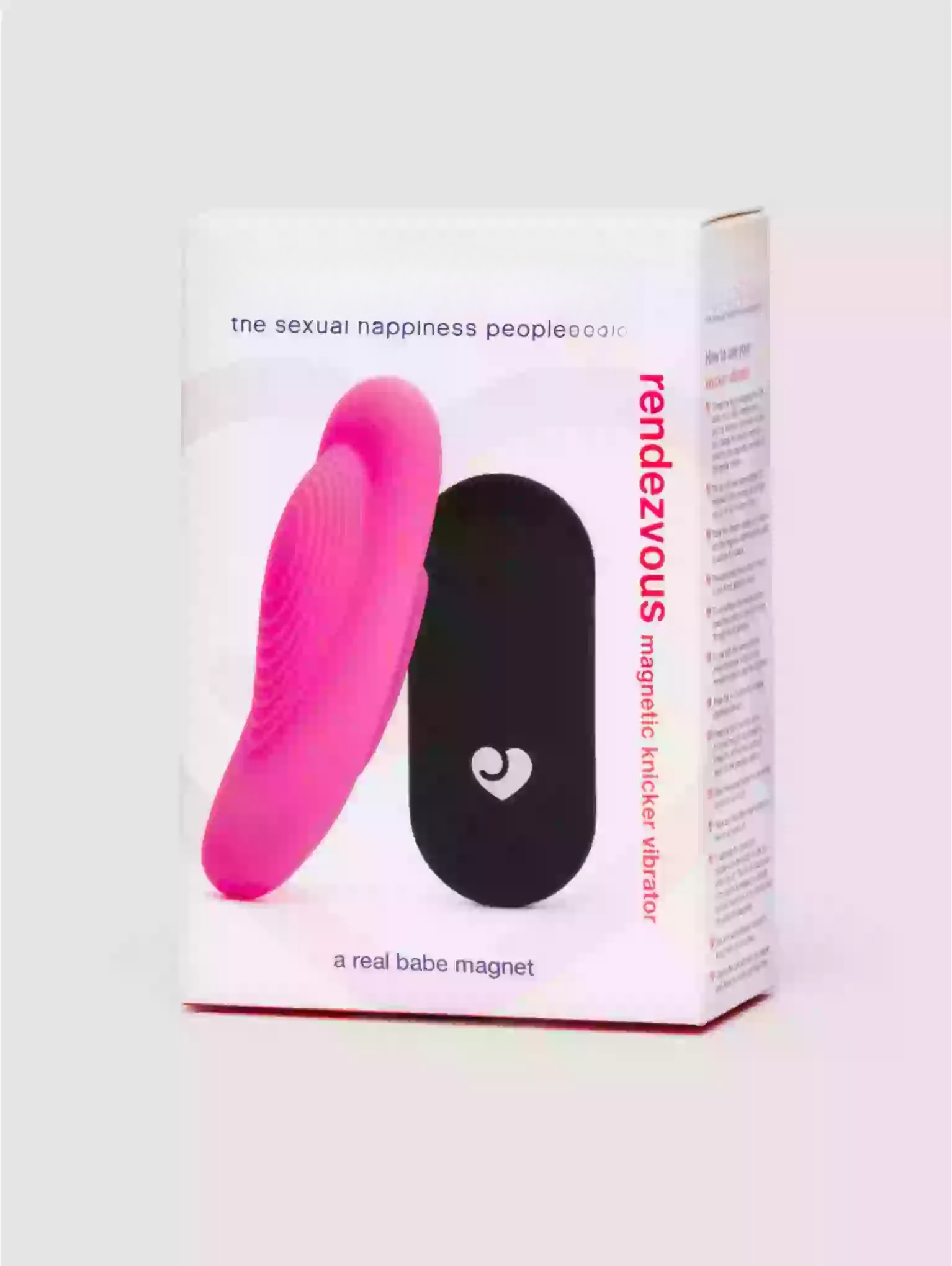 Product packaging with pink and black items on a white background