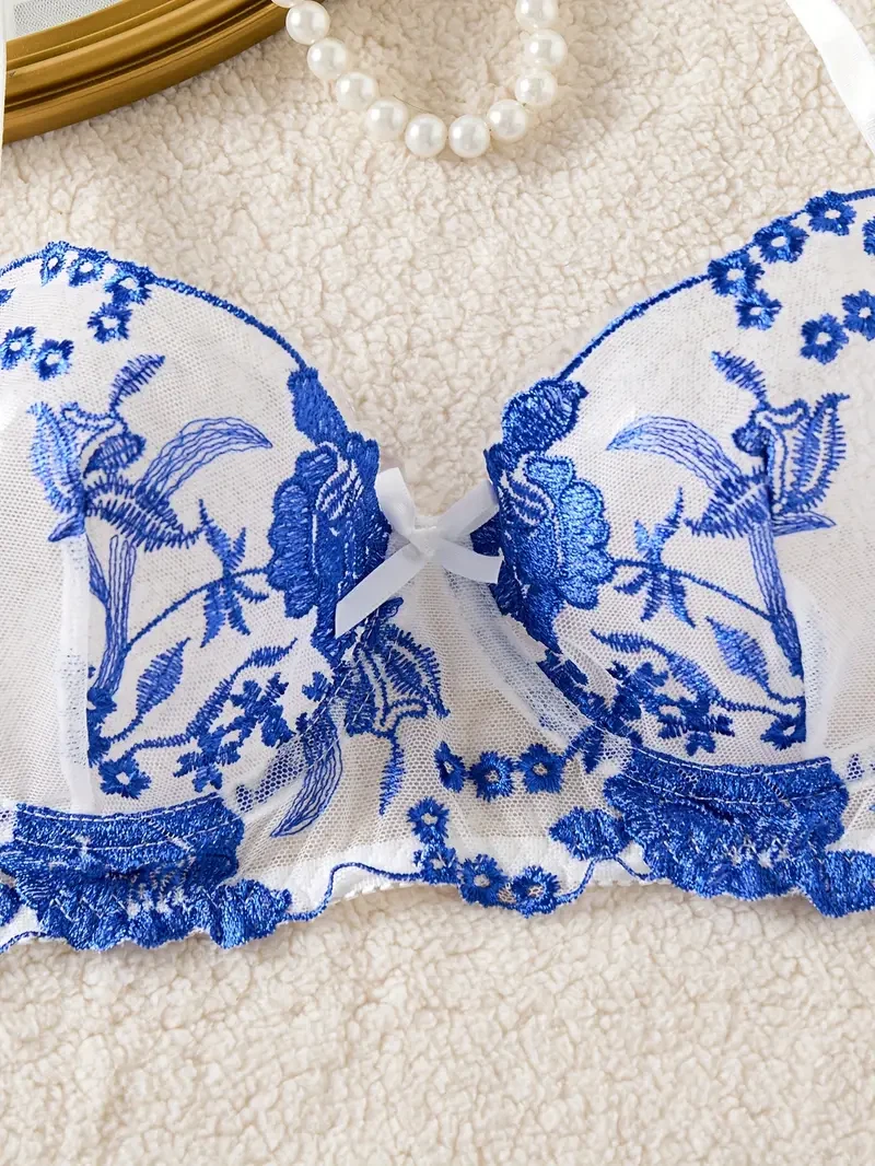 Romantic Embroidered Sheer Bra & Panty Lingerie Set UK