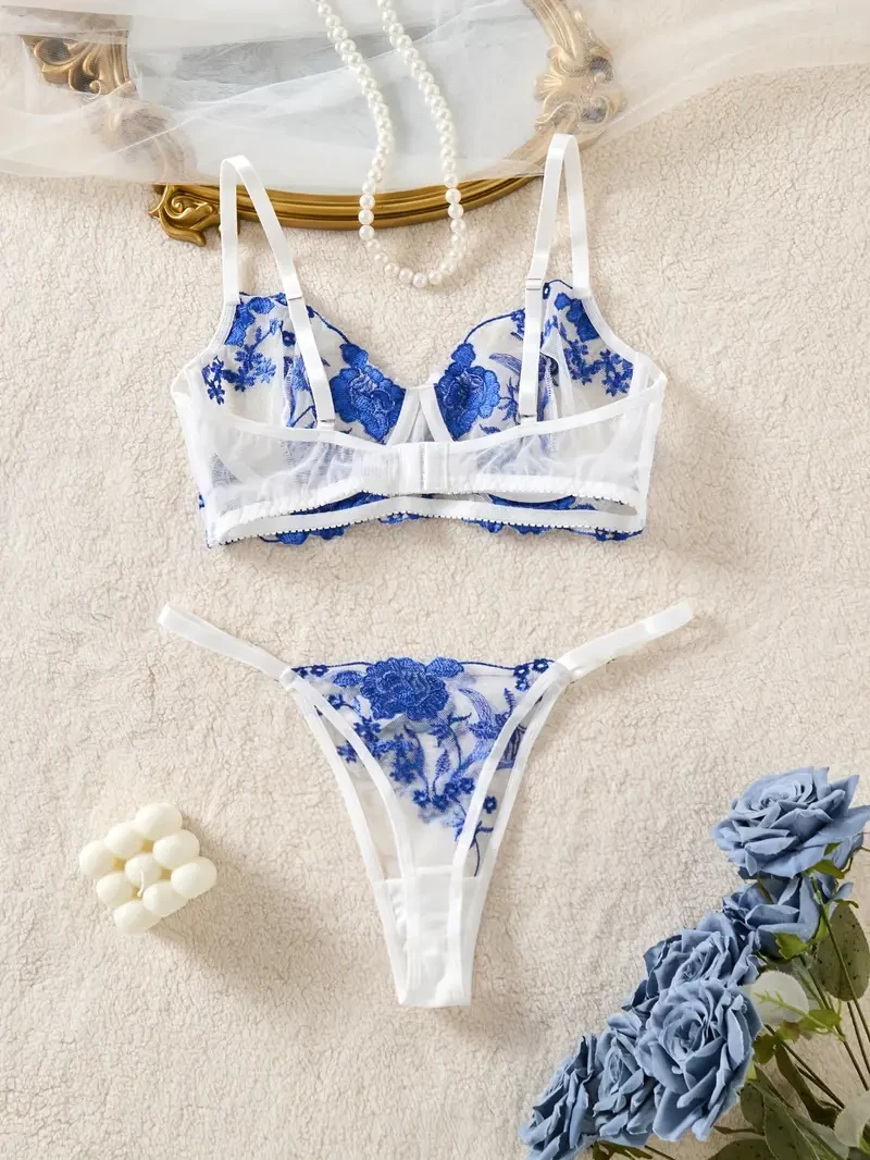 Romantic Embroidered Sheer Bra & Panty Lingerie Set UK