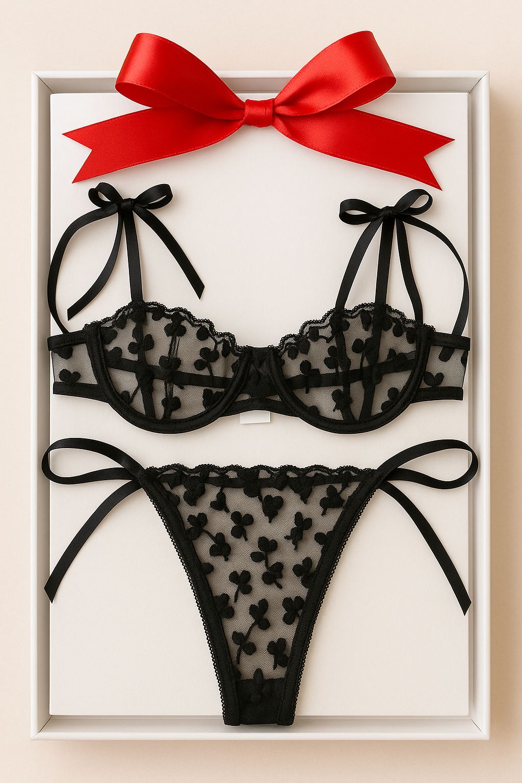 Black lace lingerie set with a red bow in a white box on a beige background