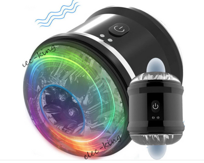 Black handheld device with colorful circular light effect on a white background