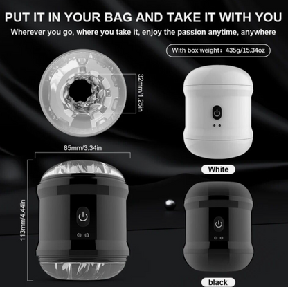 White and black portable light with power button, dimensions, and weight information on a dark background.