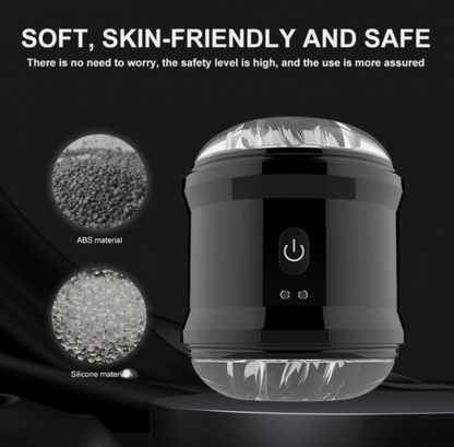 Black electronic device with power symbol, surrounded by close-ups of materials used, on a dark background.