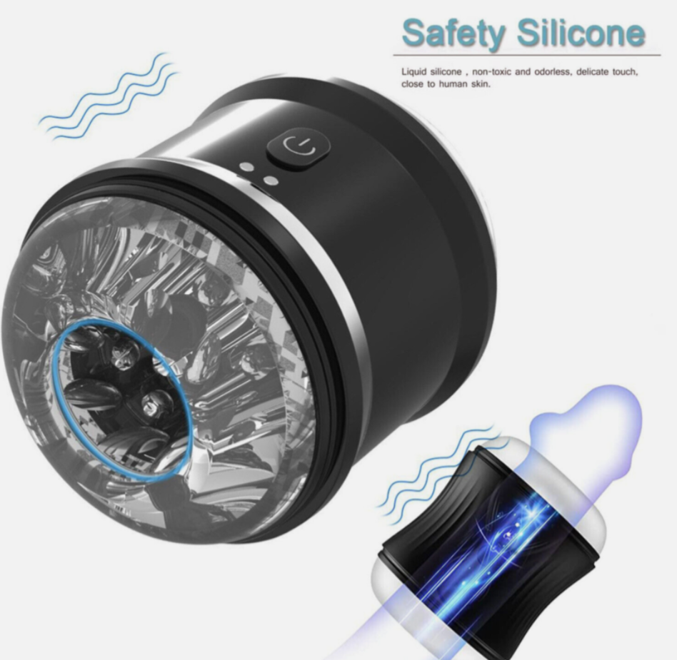 Black and silver device with liquid silicone feature on a white background