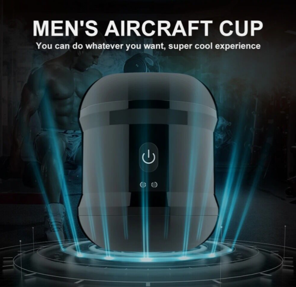 Men's aircraft cup product with glowing blue lights and dark background