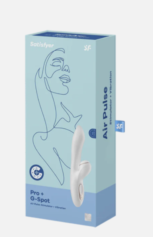 Product packaging for a G-Spot stimulator with a stylized face design on a light blue background.