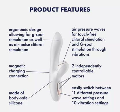 Product features of a sexual health device with text labels on a white background