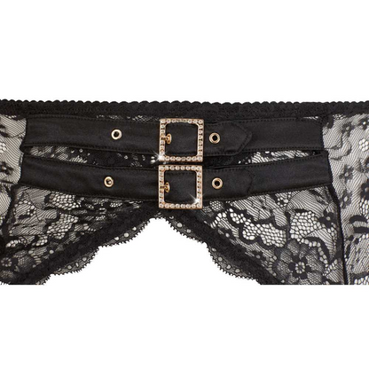Black lace underwear with decorative buckles on a white background
