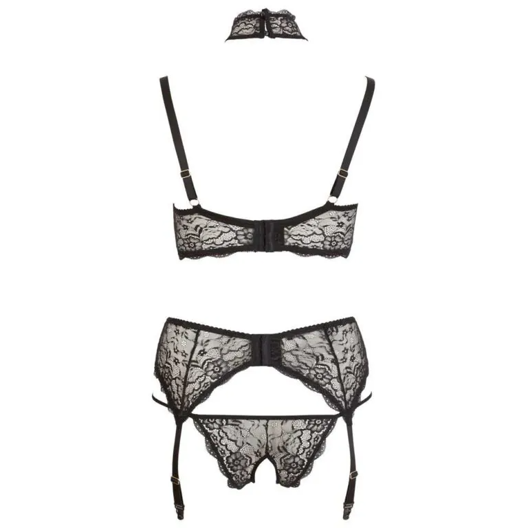 Black lace lingerie set on a white background