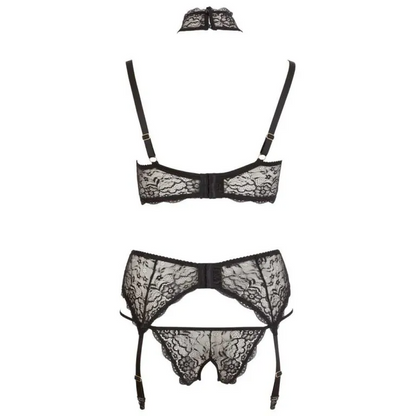 Black lace lingerie set on a white background