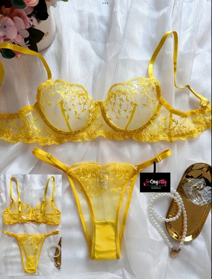Seductive Yellow Sheer Mesh Bra & Panty Lingerie Set UK