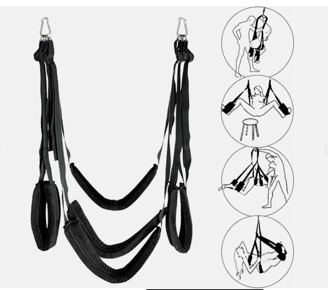 Black yoga swing with illustrations of usage on a white background