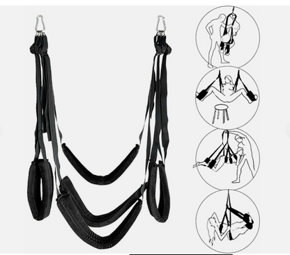 Black yoga swing with illustrations of usage on a white background
