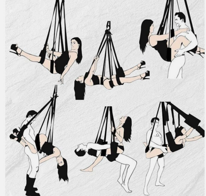 Illustrations of people using aerial yoga straps on a light gray background