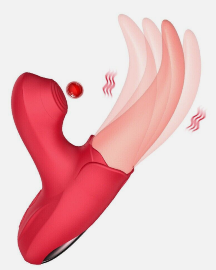 Red handheld massager with massage strokes on a white background