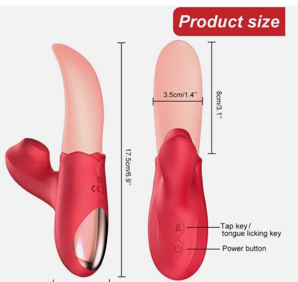 Red and pink electronic device with measurements and key functions labeled on a white background