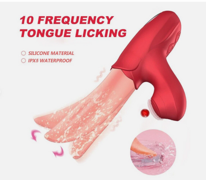 Red tongue licking device with text on a white background