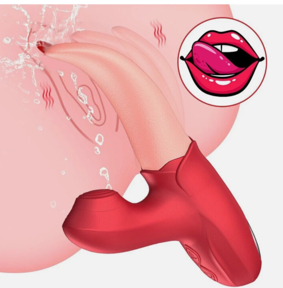Red tongue-shaped object with a close-up of lips in the corner on a pink background
