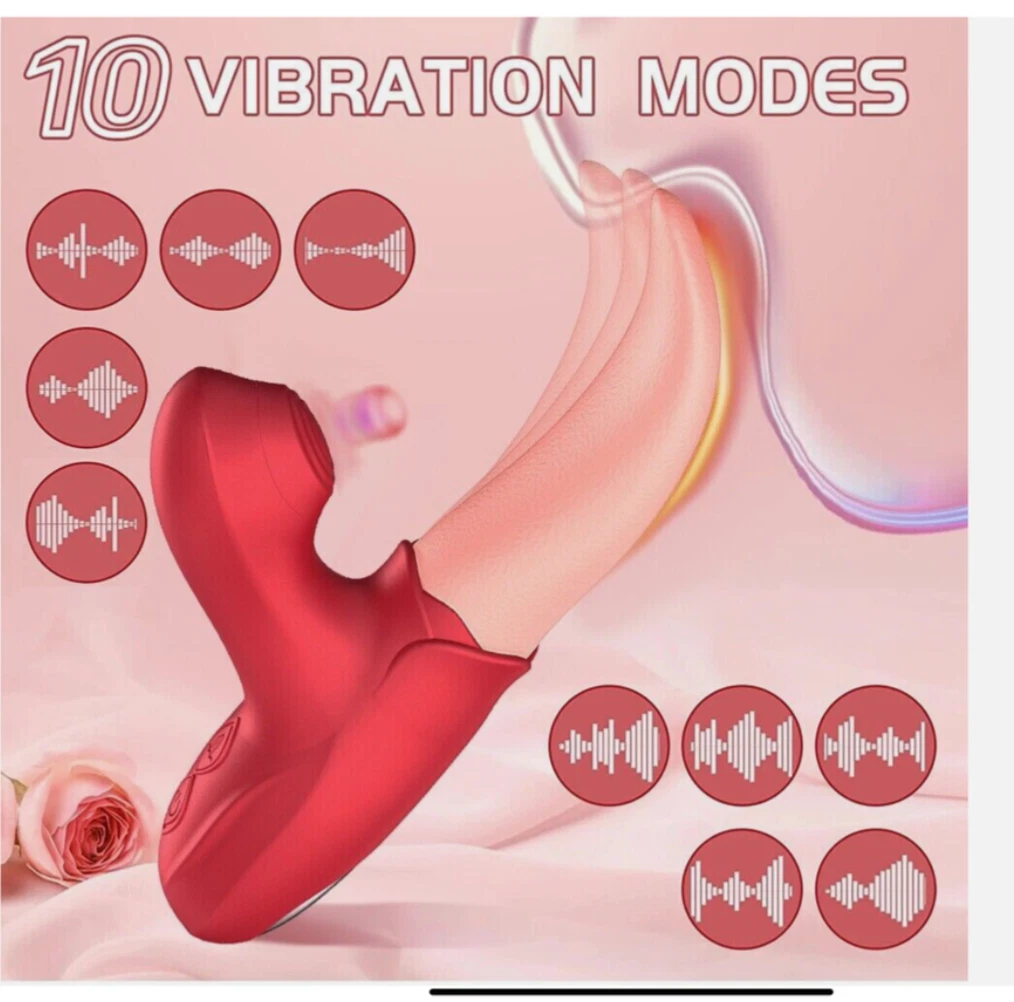 Red and pink electronic device with 10 vibration mode indicators on a pink background.