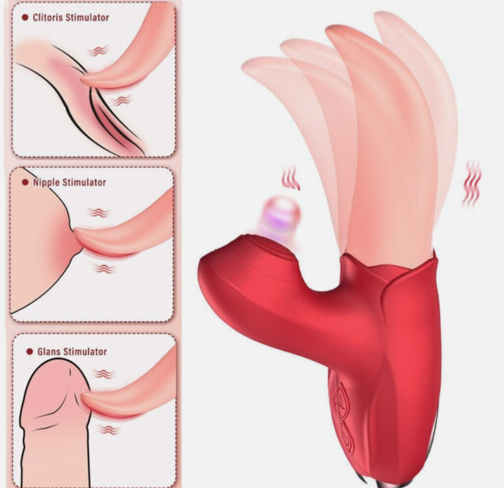 Red clitoral stimulator with labeled parts on a white background