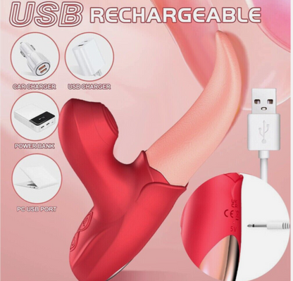 Red USB rechargeable device with charging options on a pink background
