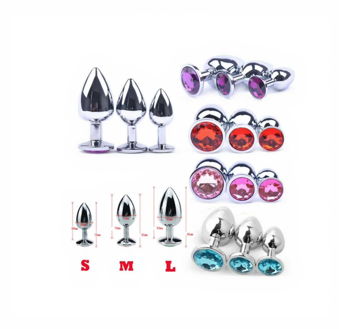 Set of metallic and gemstone-studded butt plugs with size indicators on a white background