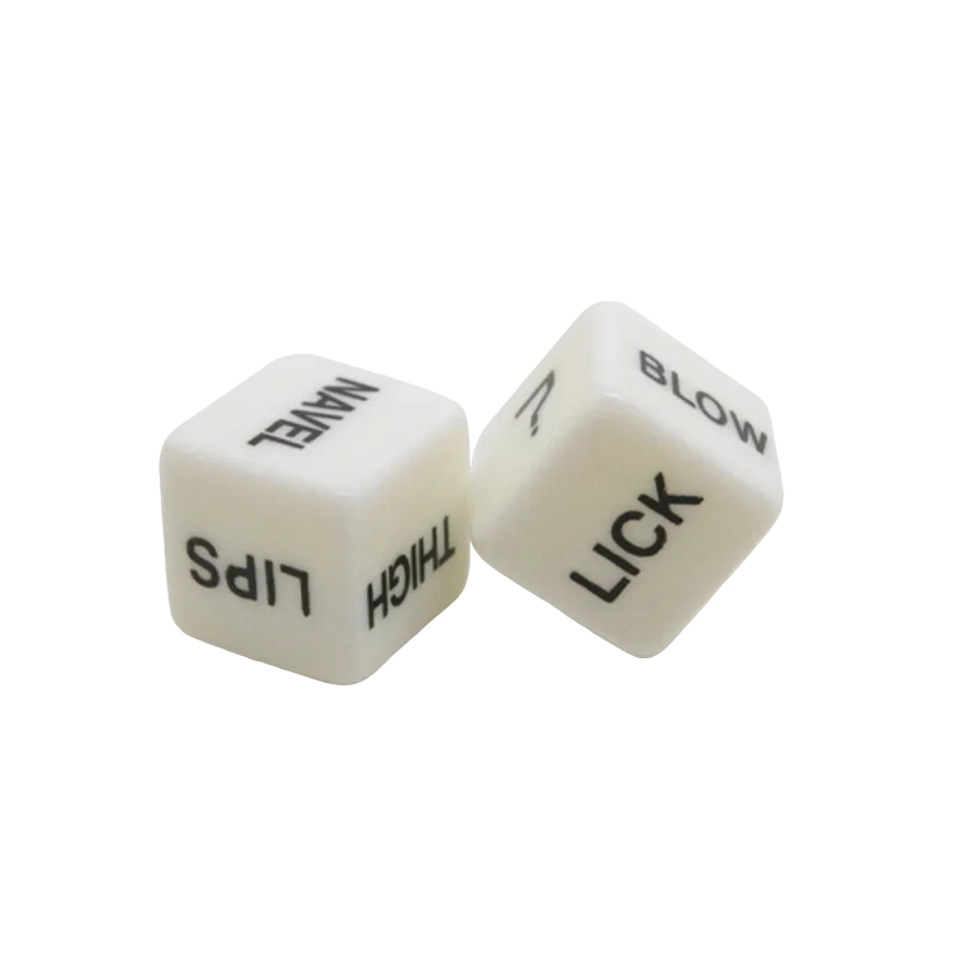 Two dice with sexual innuendos on a white background