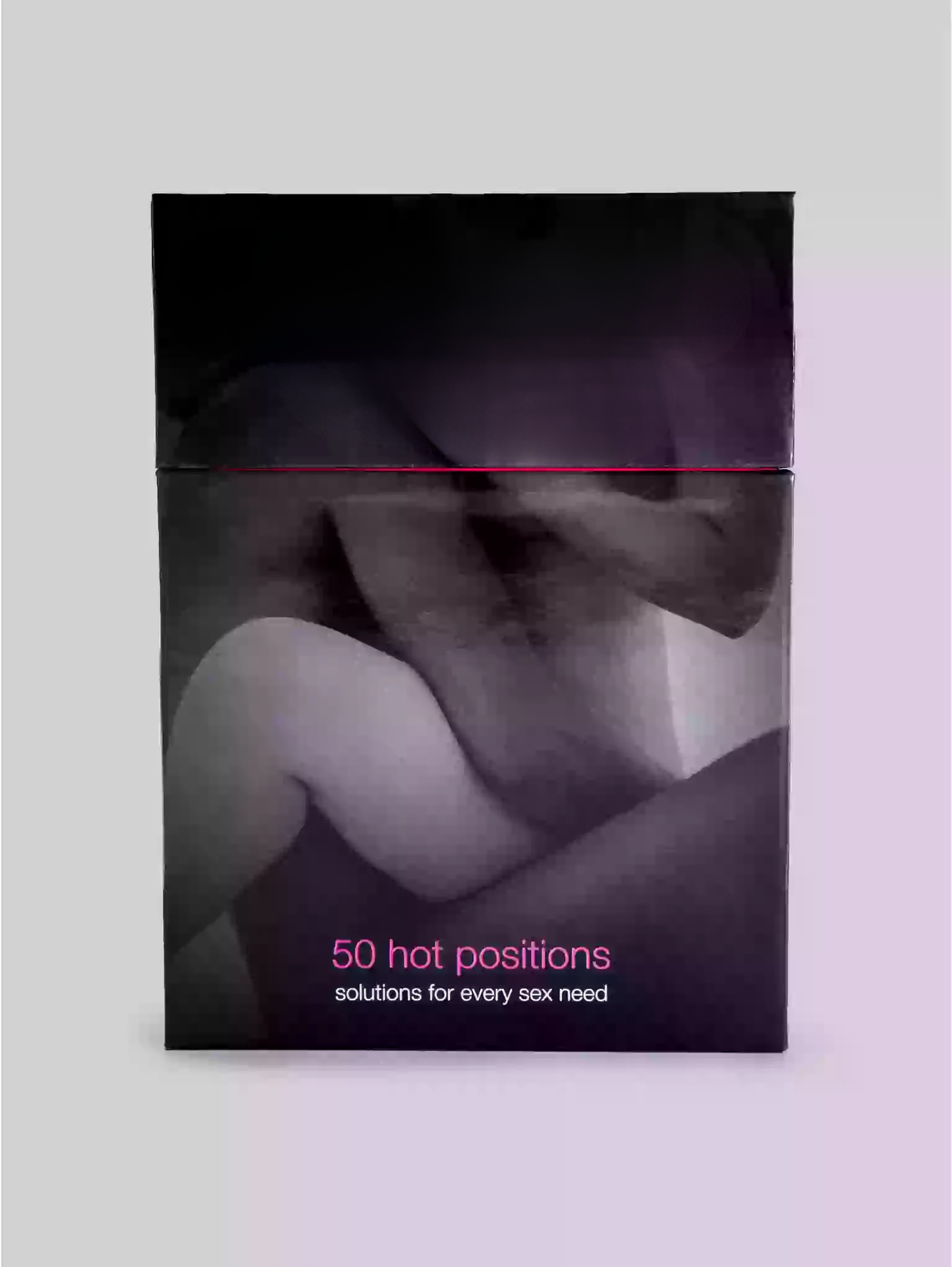 Book or magazine cover with a romantic scene and text '50 hot positions' on a light gray background