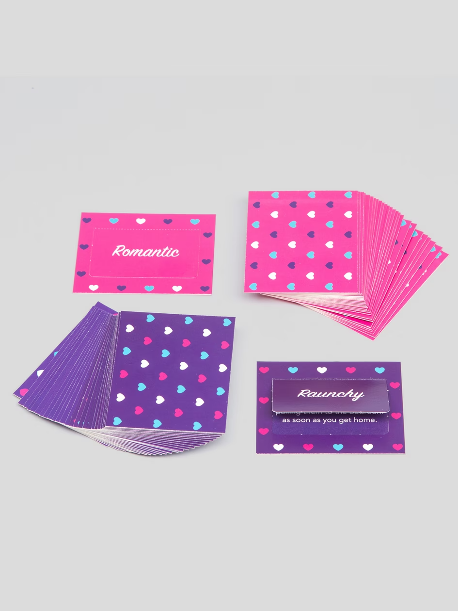 Stacks of cards with polka dot patterns and text on a gray background