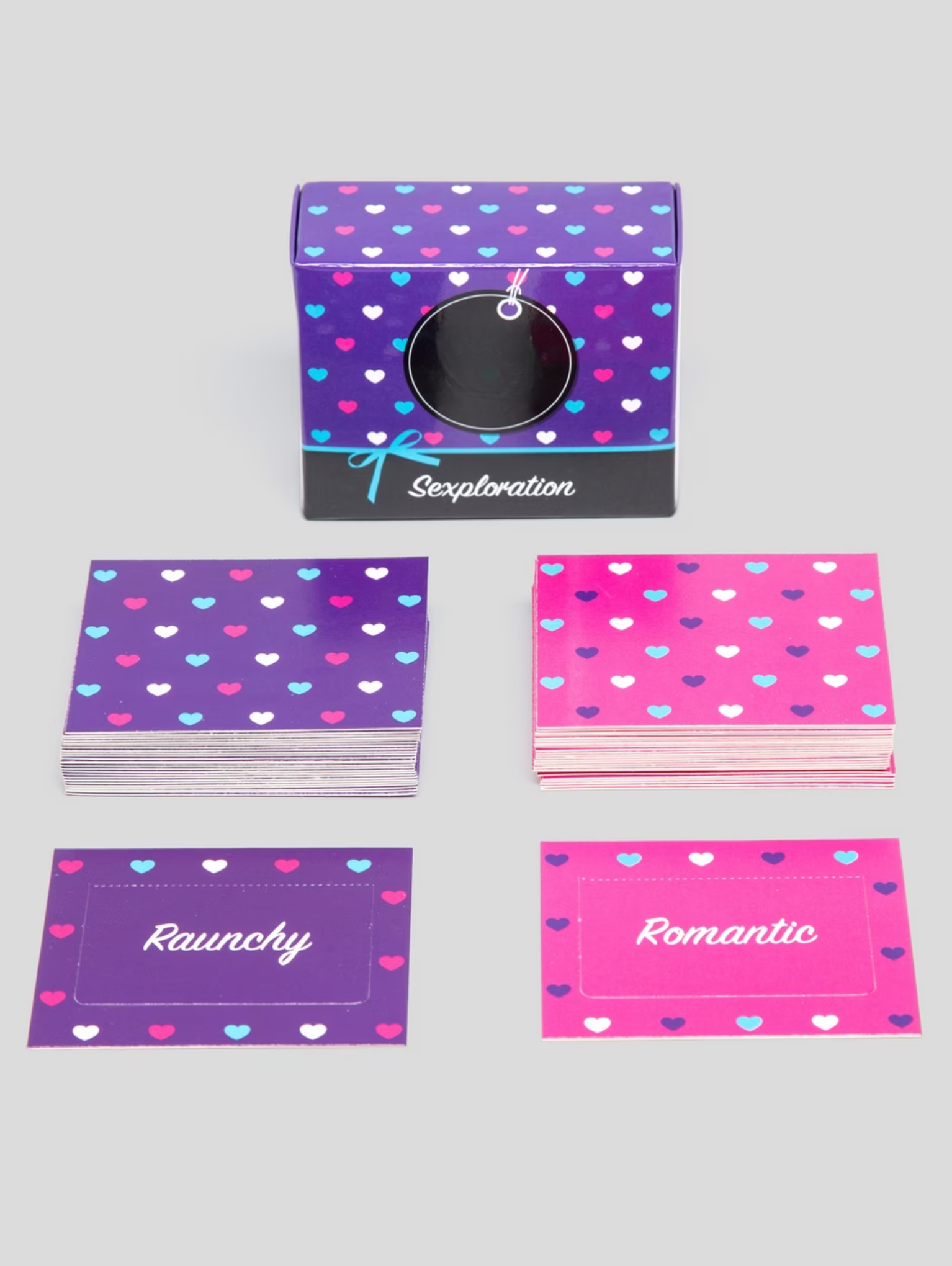 Card packs with heart patterns and labels on a gray background