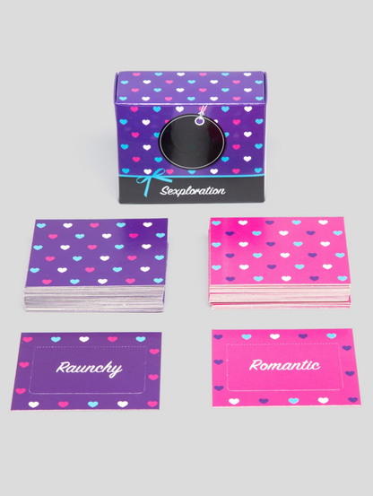 Card packs with heart patterns and labels on a gray background