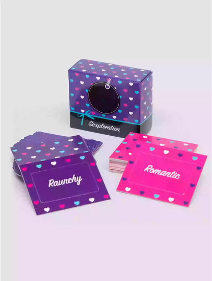 Card game packaging with cards labeled 'Raunchy' and 'Romantic' on a white background
