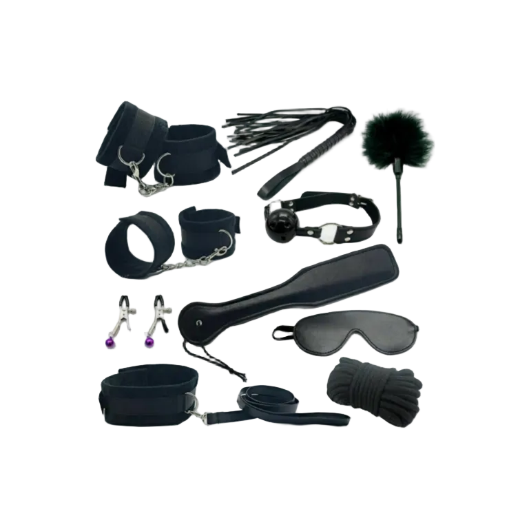 Sexy BDSM bondage accessories kit UK – cuffs, rope, and whip for couples, adult roleplay set, body-safe restraint and fetish gear