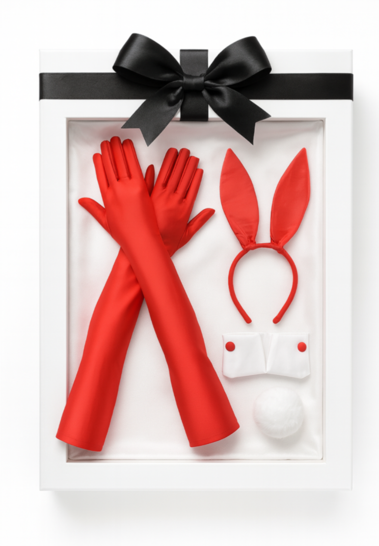 Red gloves and bunny ears set in a white box with a black bow