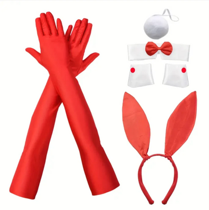 Red gloves, white top with red bow and buttons, and red bunny ears on a white background