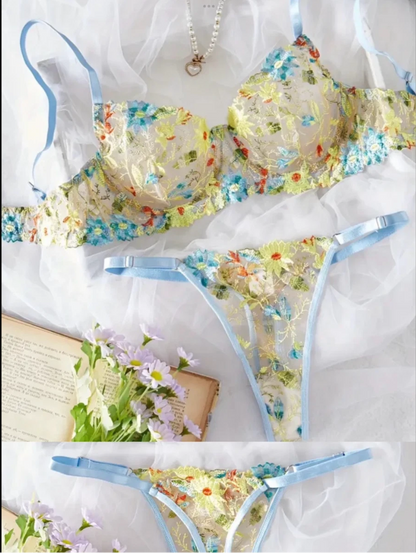 Floral lingerie set with matching bra and panties on a white background.