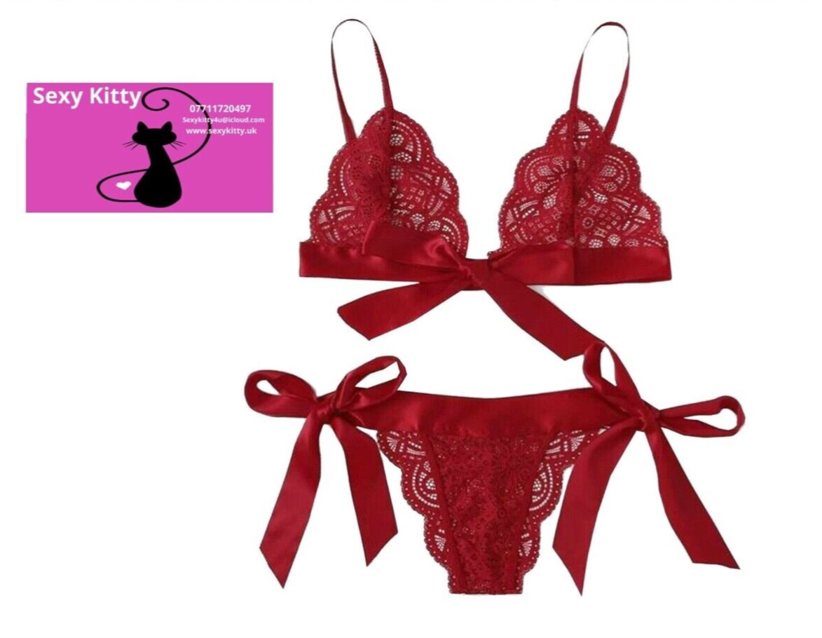 Red lace lingerie set with 'Sexy Kitty' branding on a white background