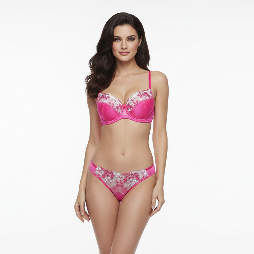 Woman wearing a pink lingerie set on a white background