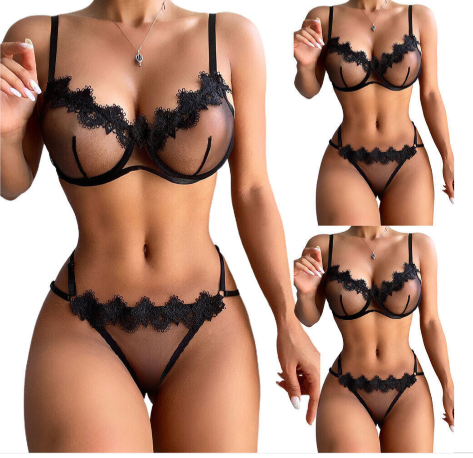 Black lace lingerie set on a model with close-up details.