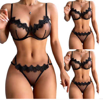 Black lace lingerie set on a model with close-up details.