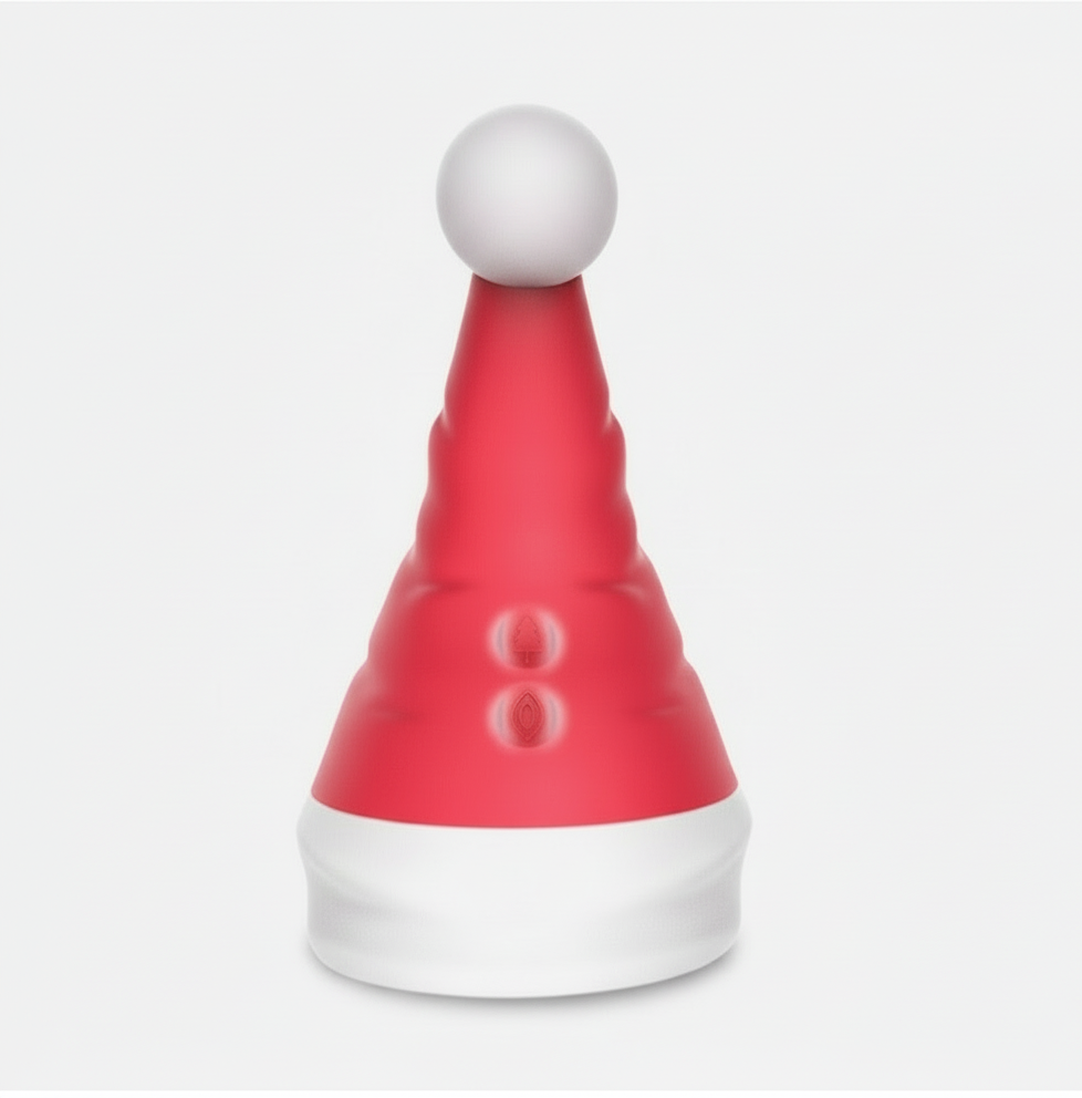 Red Santa hat with a white ball on top against a light gray background