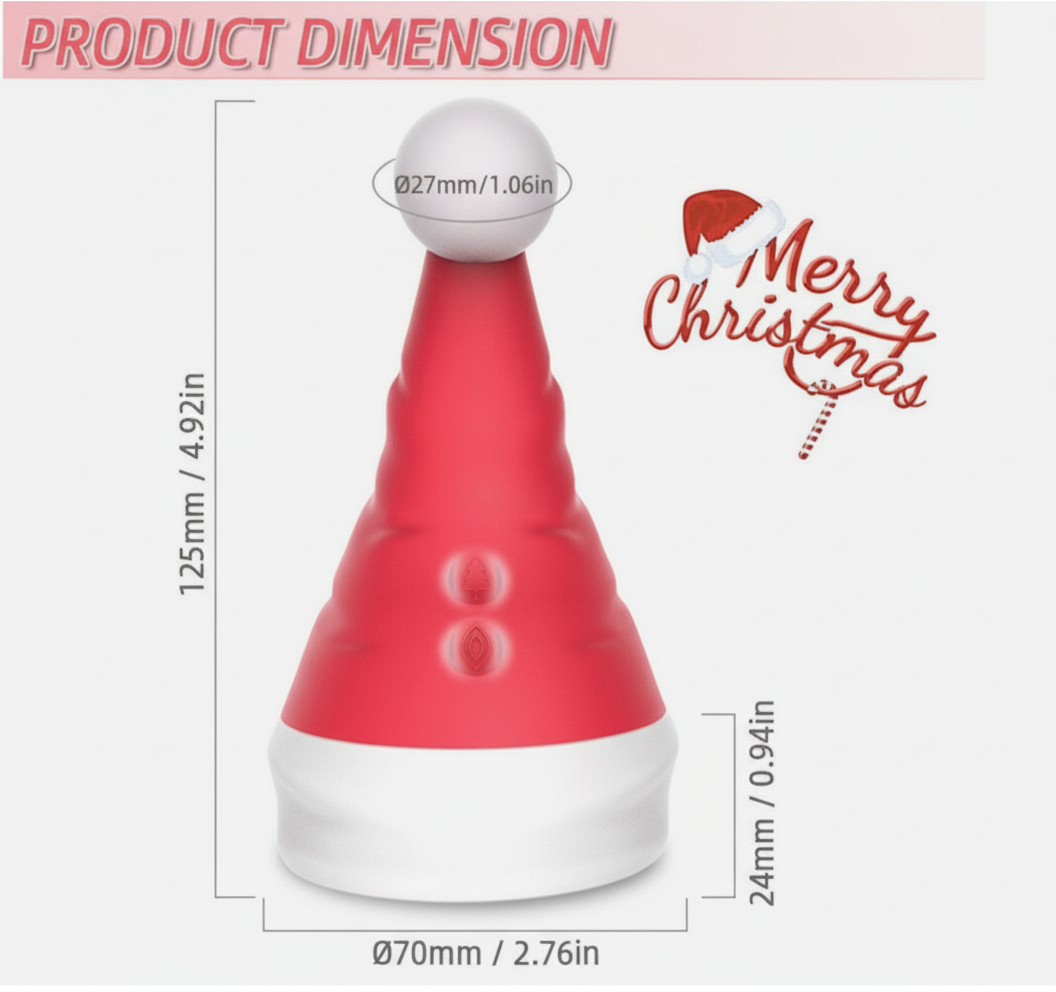 Red Santa hat with measurements and 'Merry Christmas' text on a white background