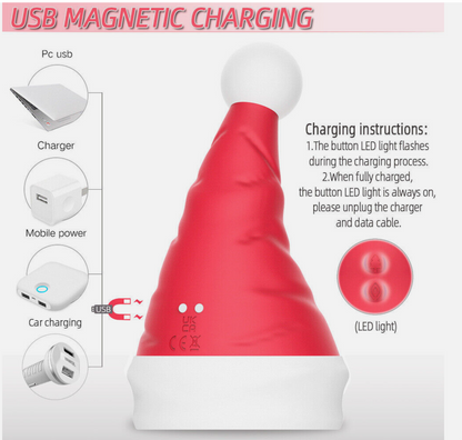 Red Santa hat with USB charging instructions on a white background