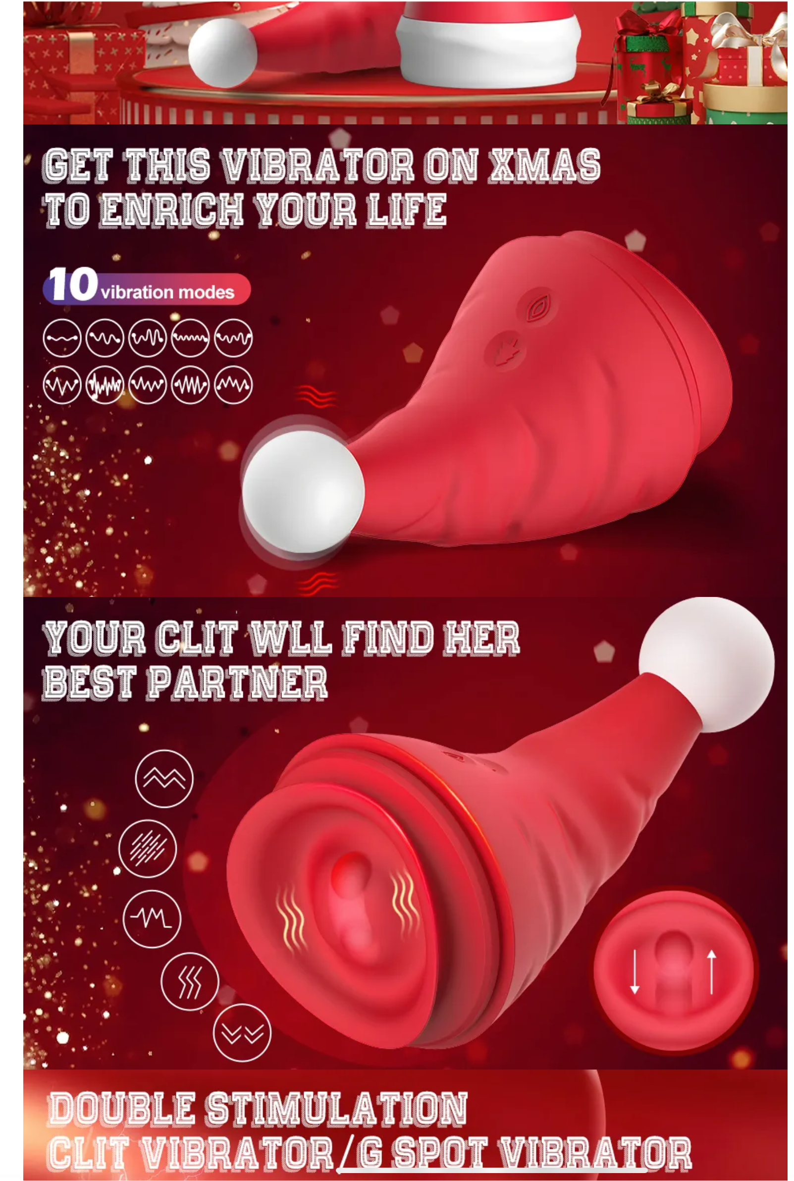 Red clitoral stimulator with packaging text on a red background