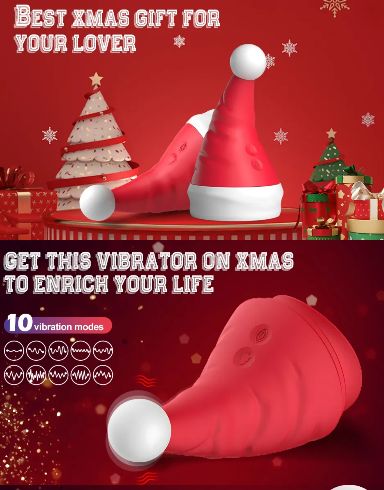 Red and white product with Santa hat design on a red background with Christmas trees and presents.