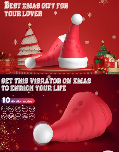 Red and white product with Santa hat design on a red background with Christmas trees and presents.