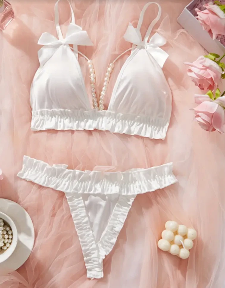 Sexy Satin Cream Pearl Bra & Thong Lingerie Set UK